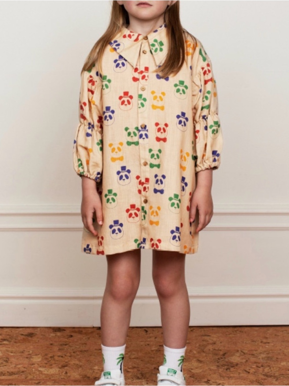 Mini Rodini Collared Button-Up Dress with Rainbow Panda Faces